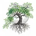 A strong tree with deep roots, small green leaves, delicate flowers and a bright heart, symbolizing love tattoo design idea