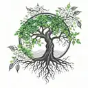 A strong tree with deep roots, small green leaves, delicate flowers and a bright heart, symbolizing love tattoo design idea