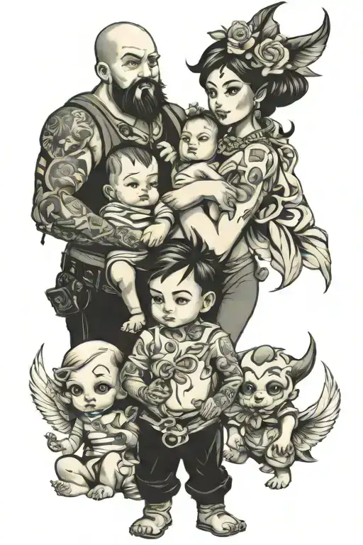 2 guy child, 2 gril child, baby, mom and dad tattoo design idea