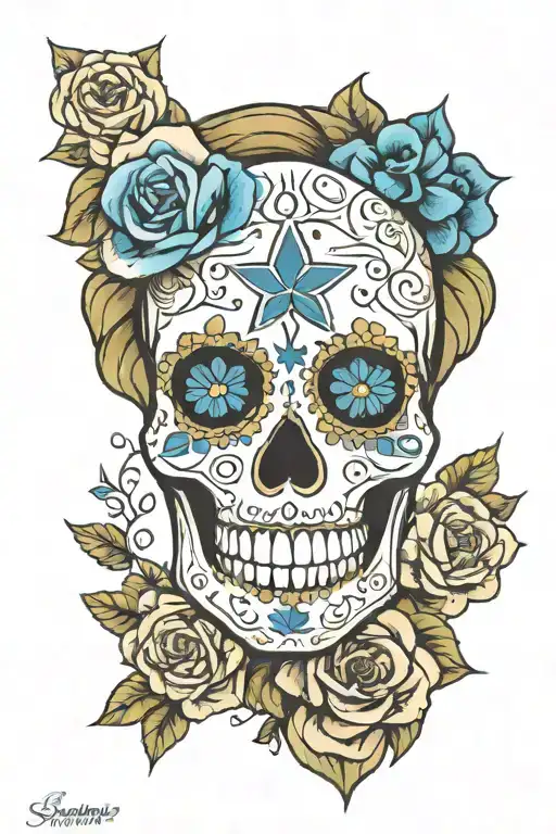 sugar skull Dallas cowboys girly with blue flowers surrounding tattoo design idea