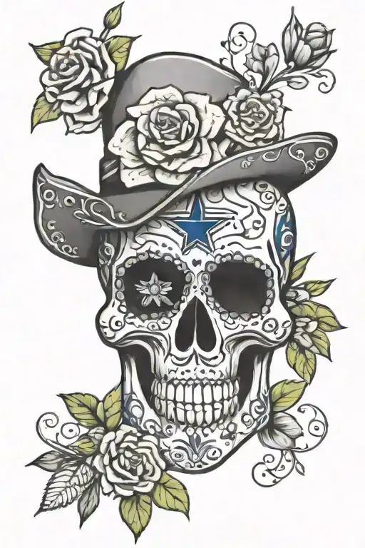 sugar skull Dallas cowboys feminine  with flowers surrounding tattoo design idea