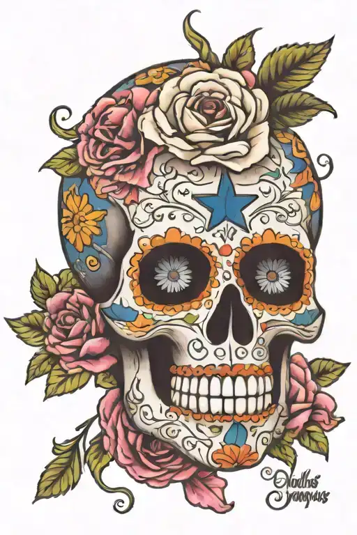sugar skull Dallas cowboys girly with peony flowers surrounding tattoo design idea
