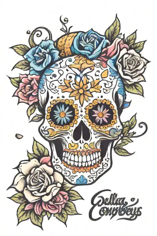 sugar skull Dallas cowboys girly with flowers surrounding tattoo design idea