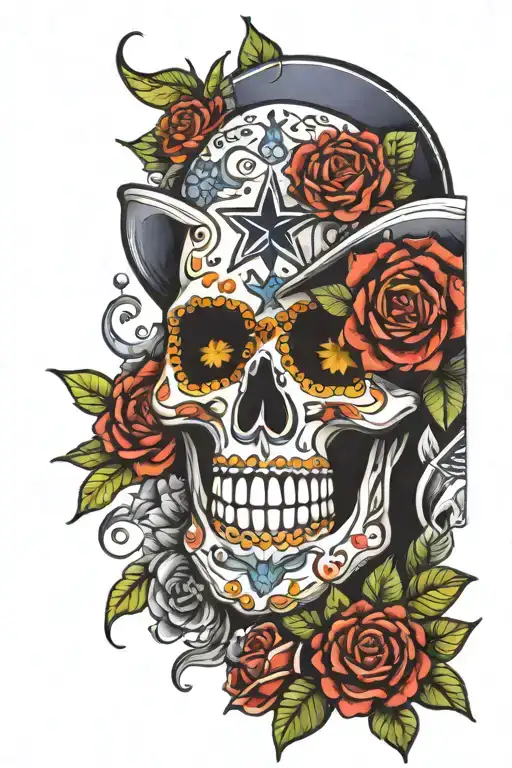 sugar skull Dallas cowboys flowers tattoo design idea