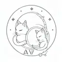 two cats, one white one orange with spots on him,  in a circle with the letters AV between them tattoo design idea