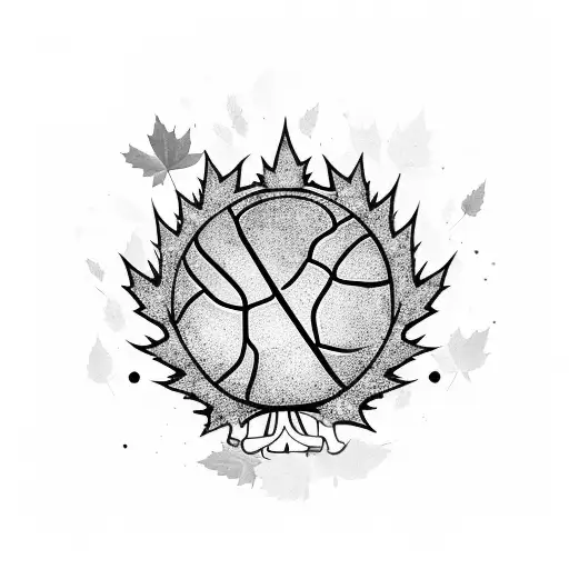 A basketball hoop made out of maple leaves and surrounded by French and Canadian flags tattoo design idea