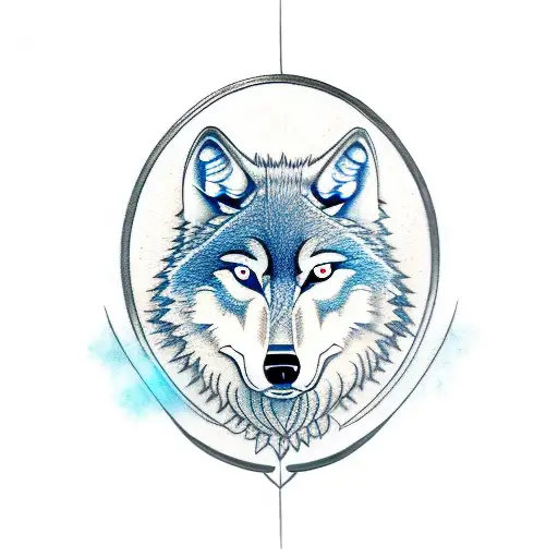 a wolf head with blue eyes; 2 arrows behind him tattoo design idea