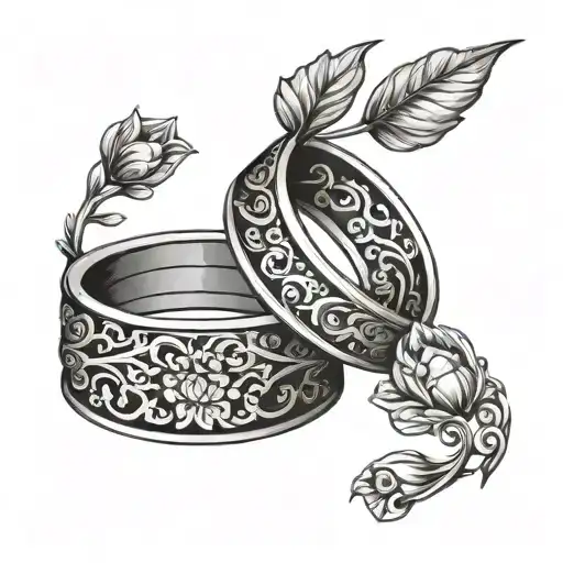 Interlocking wedding rings with intricate floral patterns intertwined tattoo design idea