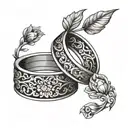 Interlocking wedding rings with intricate floral patterns intertwined tattoo design idea