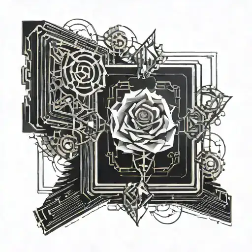 crystal rose coming out of an open book surrounded by motherboard wires tattoo design idea