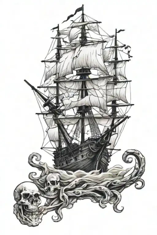 pirate ship with skull and kraken emerging tattoo design idea
