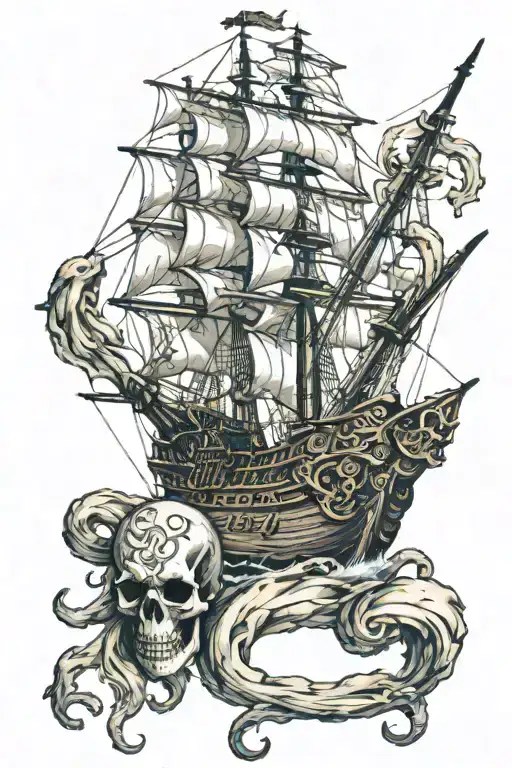 pirate ship with skull and kraken emerging tattoo design idea