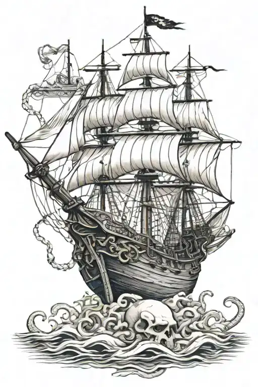pirate ship with skull and kraken emerging tattoo design idea