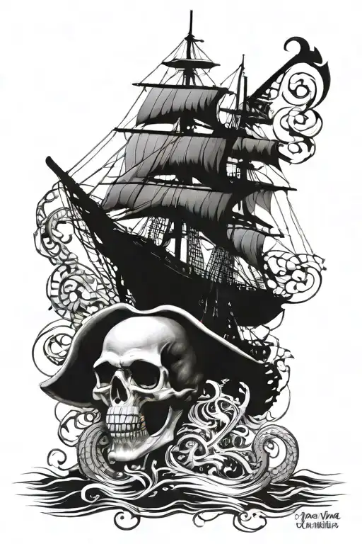 pirate ship with skull and kraken emerging tattoo design idea