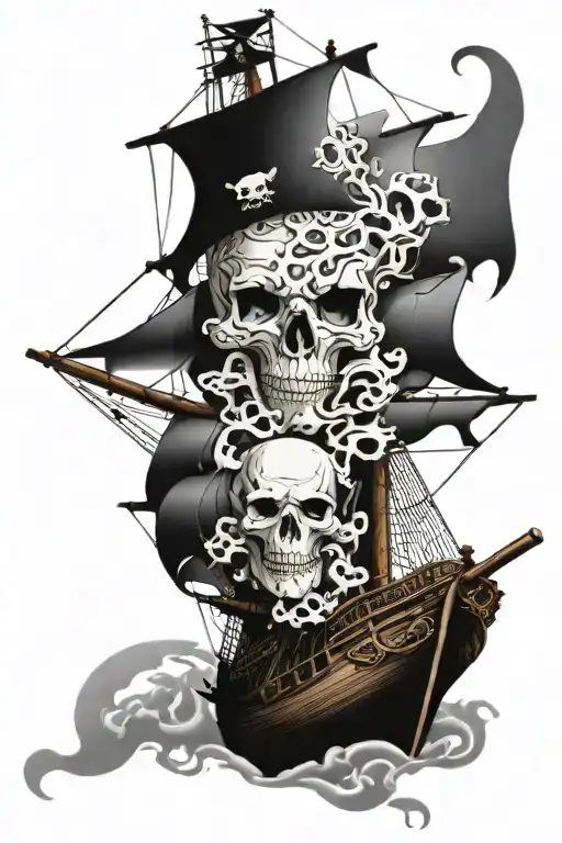 pirate ship with skull and kraken emerging tattoo design idea