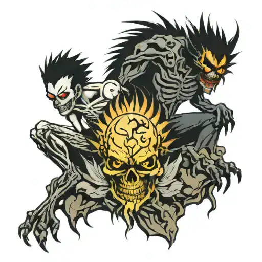 light and ryuk standing on skulls tattoo design idea
