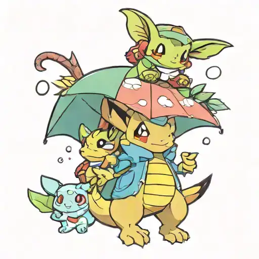 Pokemon Evee, Treecko, Larvitar holding umbrella tattoo design idea