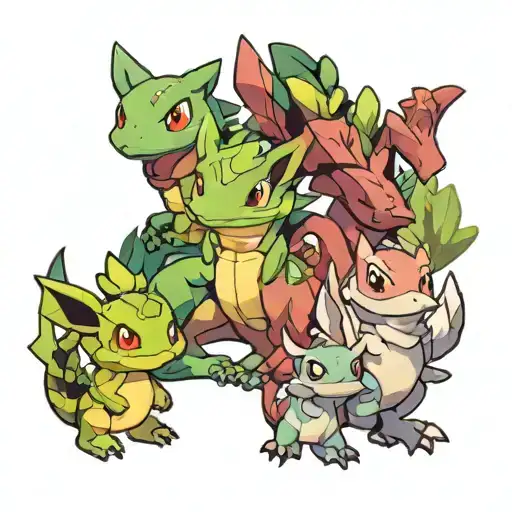 Pokemon characters: evee, treecko, larvitar pokemon tattoo design idea