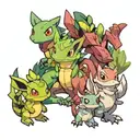 Pokemon characters: evee, treecko, larvitar pokemon tattoo design idea