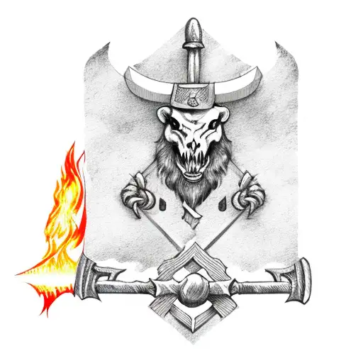 coat of arms with an axe and an hammer crossed with fire around  tattoo design idea