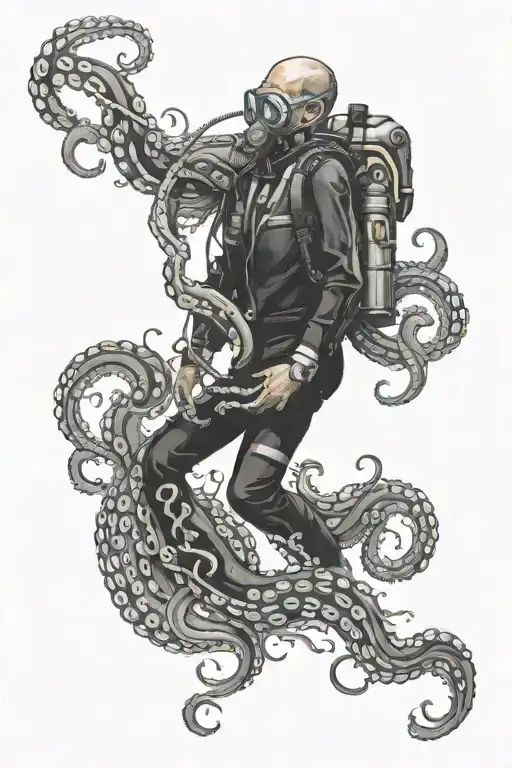 diver, black suit, octopus tentacles tattoo design idea