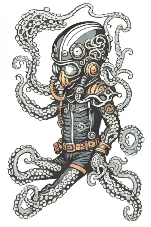 black suit, diver helmet, octopus tentacles as leg tattoo design idea