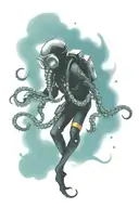 black suit, diver helmet, octopus tentacles as leg tattoo design idea