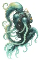 black suit, diver helmet, octopus tentacles as leg tattoo design idea