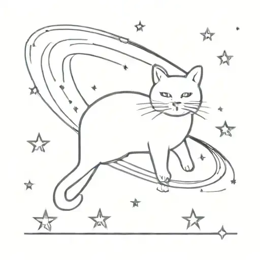 A minimalist tattoo design of a cat floating in space surrounded by stars and galaxies tattoo design idea