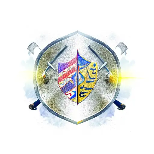 arabic sword and arab knight helmet in a battle field  tattoo design idea