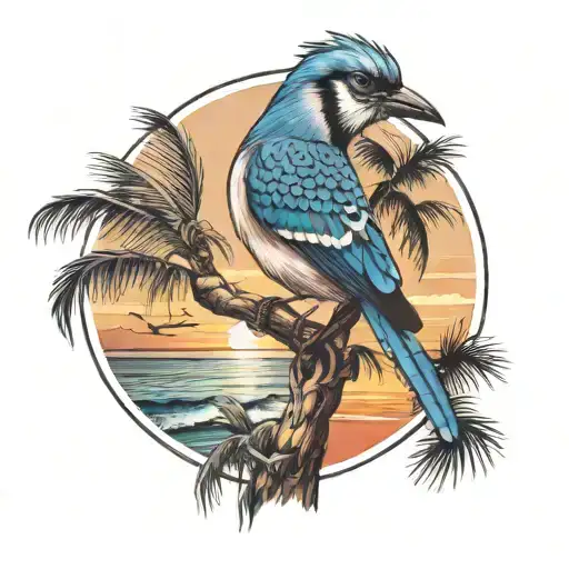 A whimsical scene of a Jay-bird under a palm tree with a sunset in the background tattoo design idea