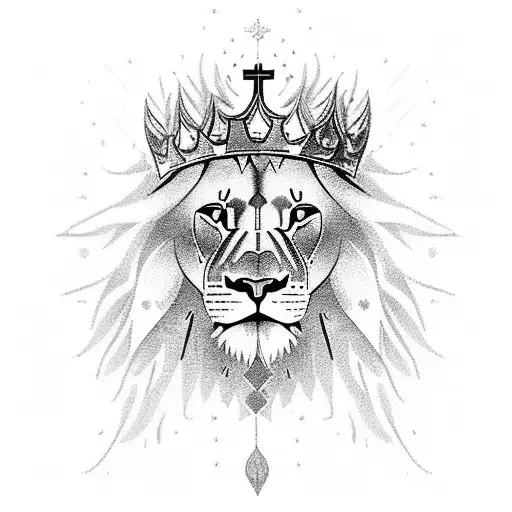 A majestic lion with a crown, standing in a forest with rays of light shining through the trees, representing the strength and divine power of Christ. tattoo design idea
