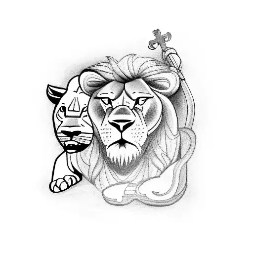 A linework tattoo of Jesus carrying a lineman's tool while a lion stands guard, representing the client's occupation and his faith. tattoo design idea