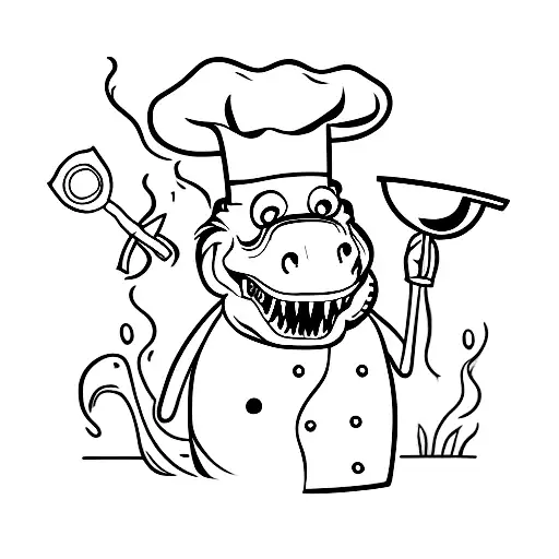 A T-rex chef wearing a chef hat and holding a T-rex knife in one hand and a frying pan in the other tattoo design idea