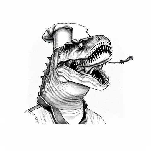 A T-rex chef wearing a chef hat and holding a T-rex knife in one hand and a frying pan in the other tattoo design idea