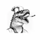 A T-rex chef wearing a chef hat and holding a T-rex knife in one hand and a frying pan in the other tattoo design idea