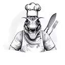 A T-rex chef wearing a chef hat and holding a T-rex knife in one hand and a frying pan in the other tattoo design idea