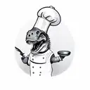 A T-rex chef wearing a chef hat and holding a T-rex knife in one hand and a frying pan in the other tattoo design idea