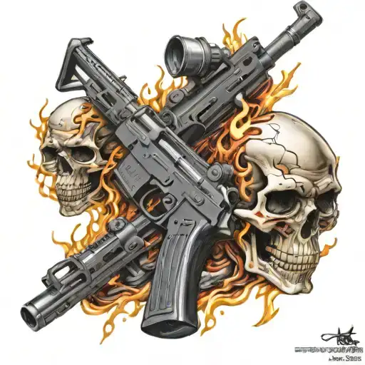 Ak 47 shooting skulls with flames for eyes  tattoo design idea