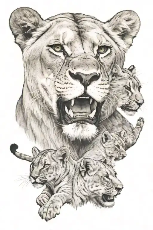 Lioness protecting 4 cubs playing tattoo design idea