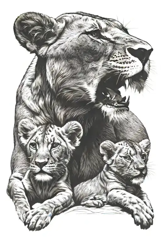 Lioness protecting 4 cubs playing  tattoo design idea