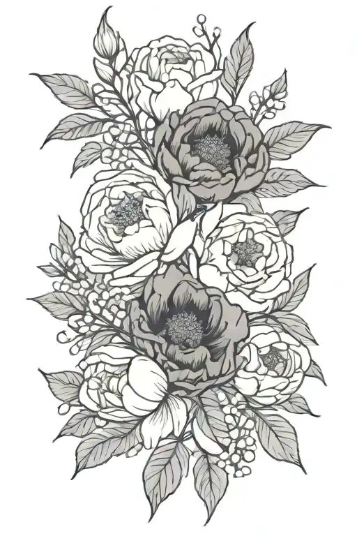 peonies, calla lillys, and lilacs intertwined tattoo design idea