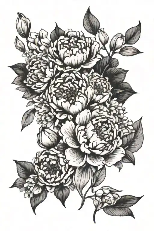 peonies, calla lillys, and lilacs intertwined tattoo design idea