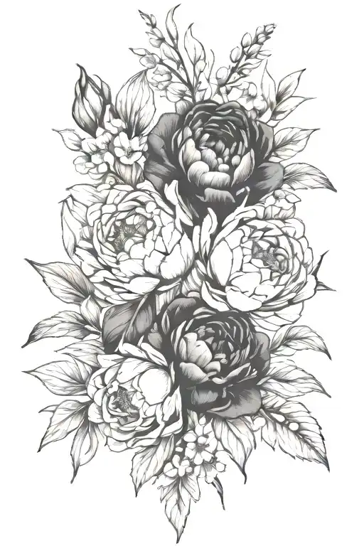 peonies, calla lillys, and lilacs intertwined tattoo design idea