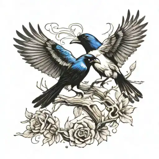 live magpie and dead magpie fighting tattoo design idea