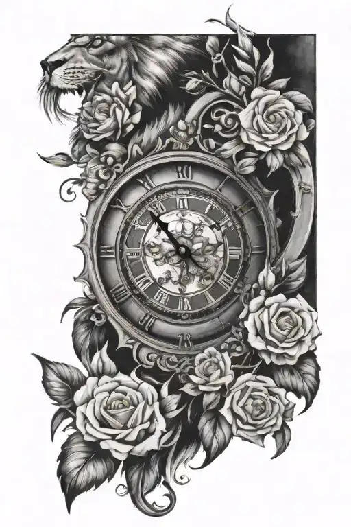 a lion eye with a roman clock, using a MMVI date of birth with clouds and flowers  tattoo design idea