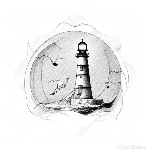 pirate ship light house tattoo design idea