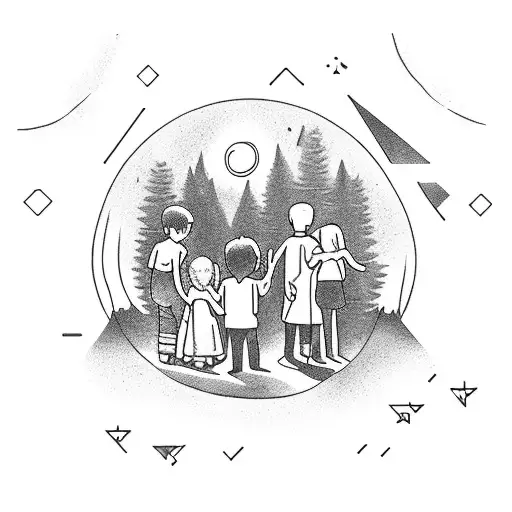 Two boys and one girl holding a little boy crying while holding fire in their hearts, all in a circle, with a deep dark forest in the background tattoo design idea