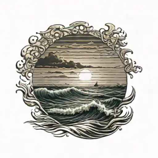 A sun setting over a horizon of ocean waves, with silhouettes of family members enjoying the view tattoo design idea