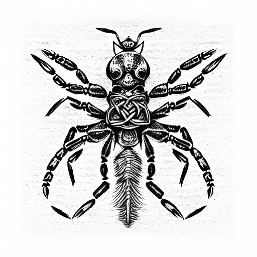 3/4 view of a metal scorpion on a techno celtic knot tattoo design idea